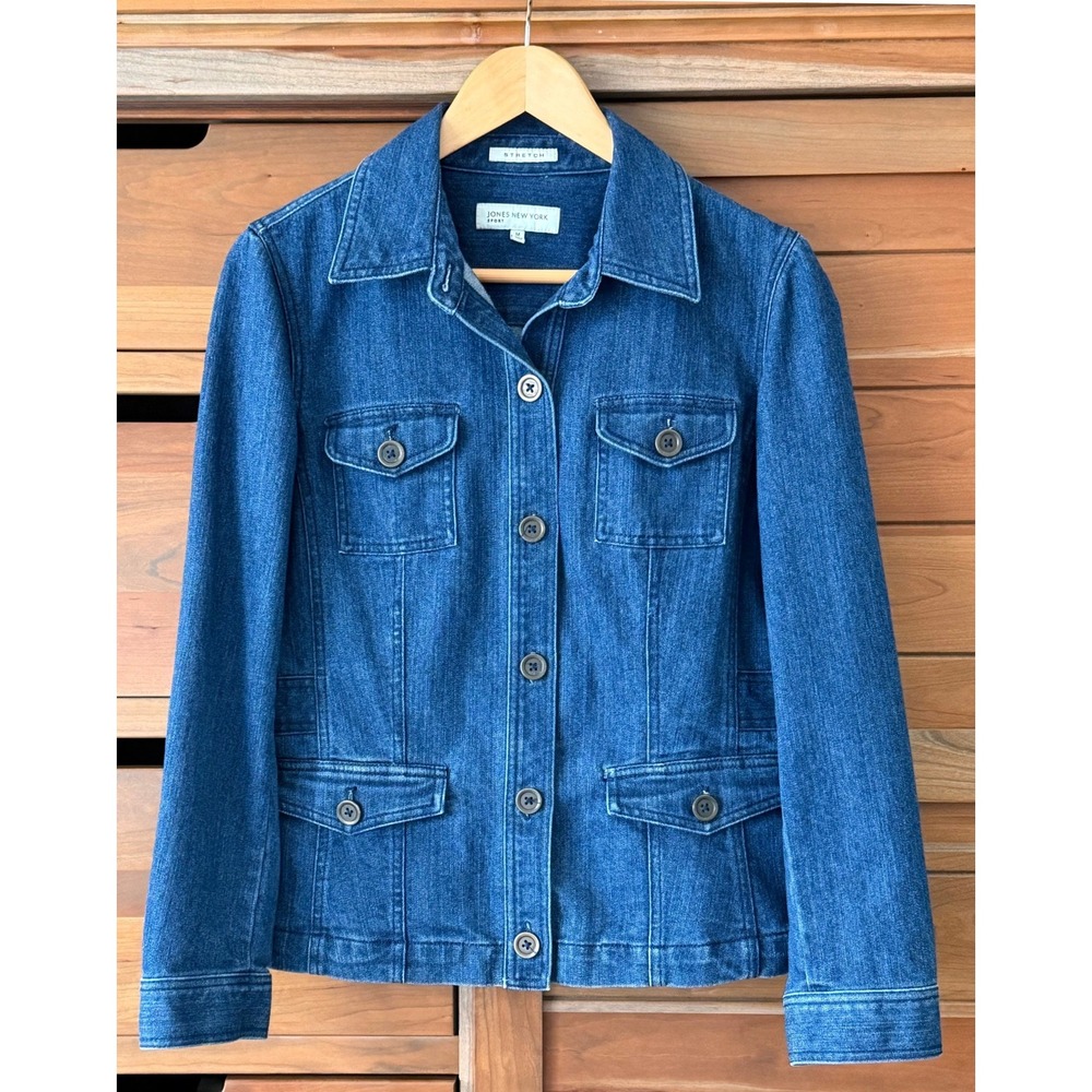 Vintage Jones New York Sport Size Medium Denim Jacket Peplum Stretch EUC